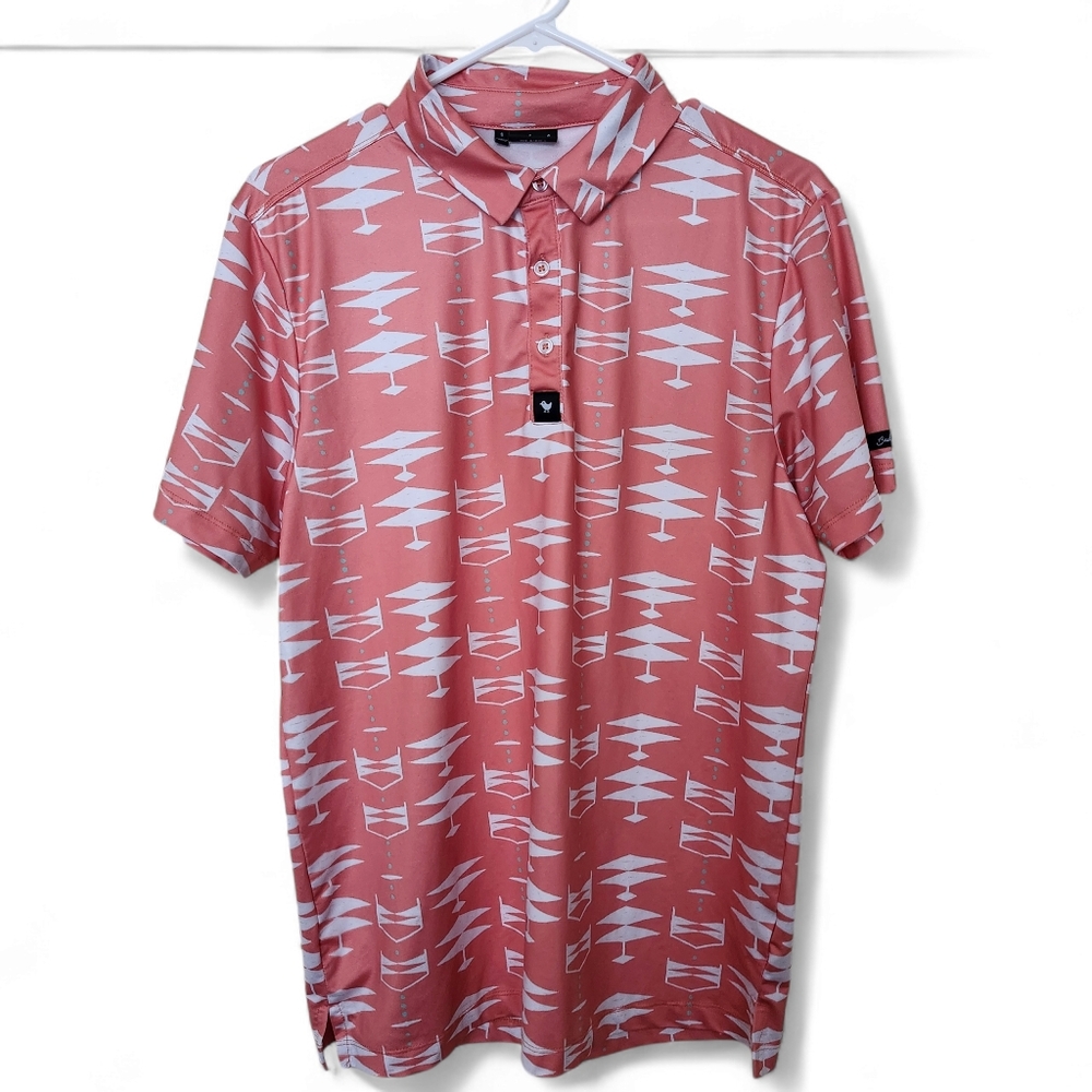 Bad Birdie coral and white geometric patterned golf polo Shirt men's size Small - Picture 1 of 11